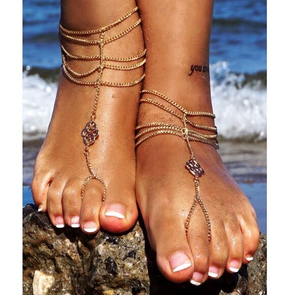Yellow Gold Celtic Knot Multilayered Adjustable Anklet Foot Chains - Set of 2 - Picture 4 of 6
